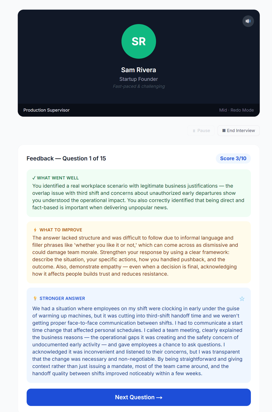 Instant coaching feedback screenshot